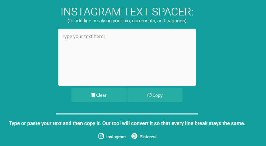 Screenshot of an Instagram text spacer website